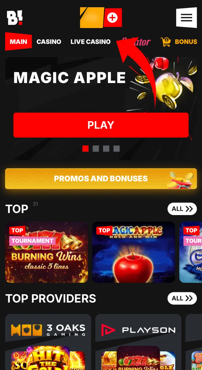 Navigate to the Live Casino section on the Banzai Bet website.