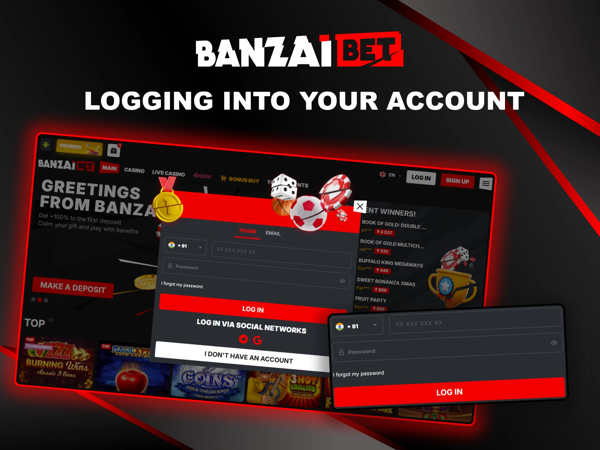 The process of logging into Banzai Bet account.