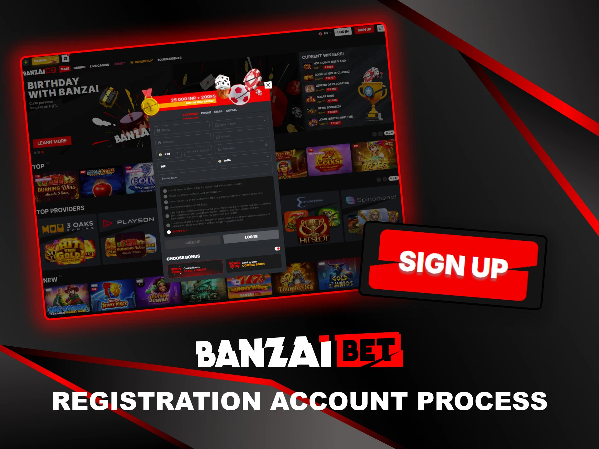 The procedure for creating an account on Banzai Bet.