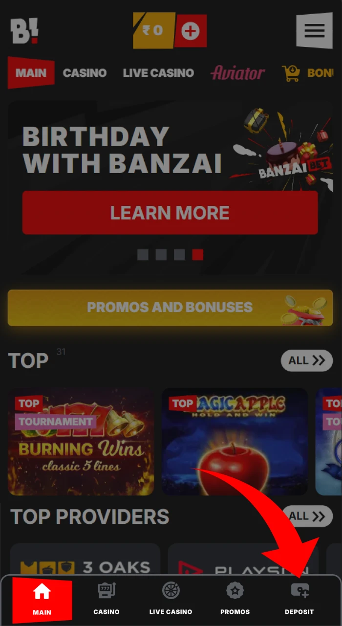 To initiate your transaction on Banzai Bet select the Deposit option.