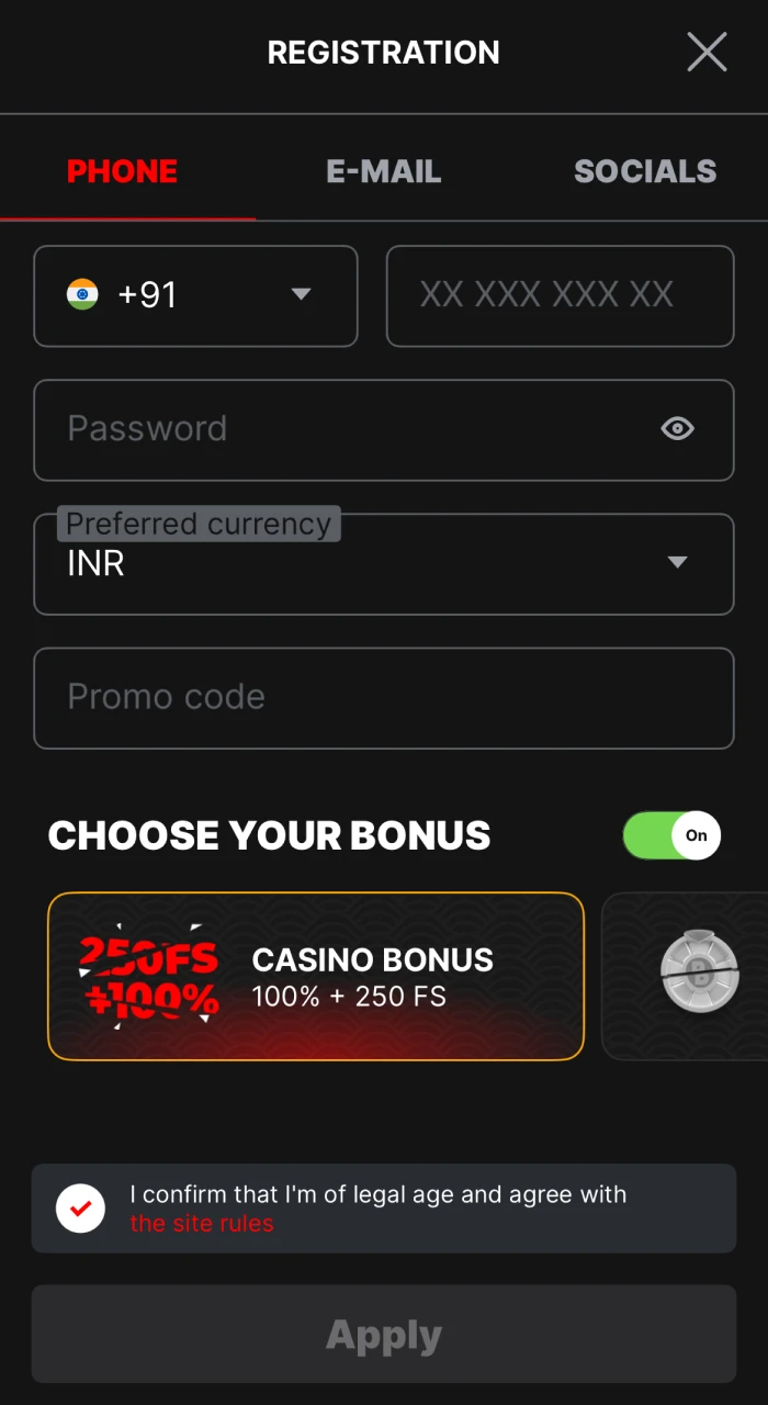 Select your preferred registration method on Banzai Bet.