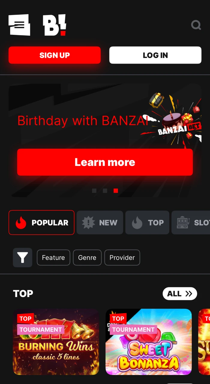 Install and launch the Banzai Bet application.