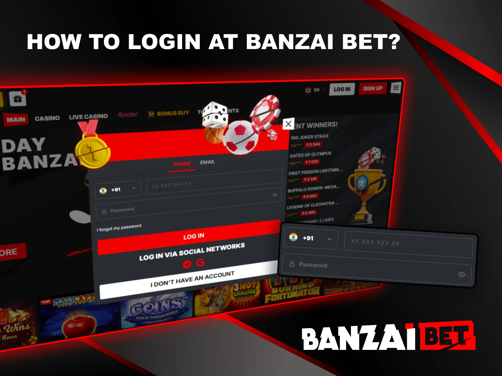 The process of logging into Banzai Bet.