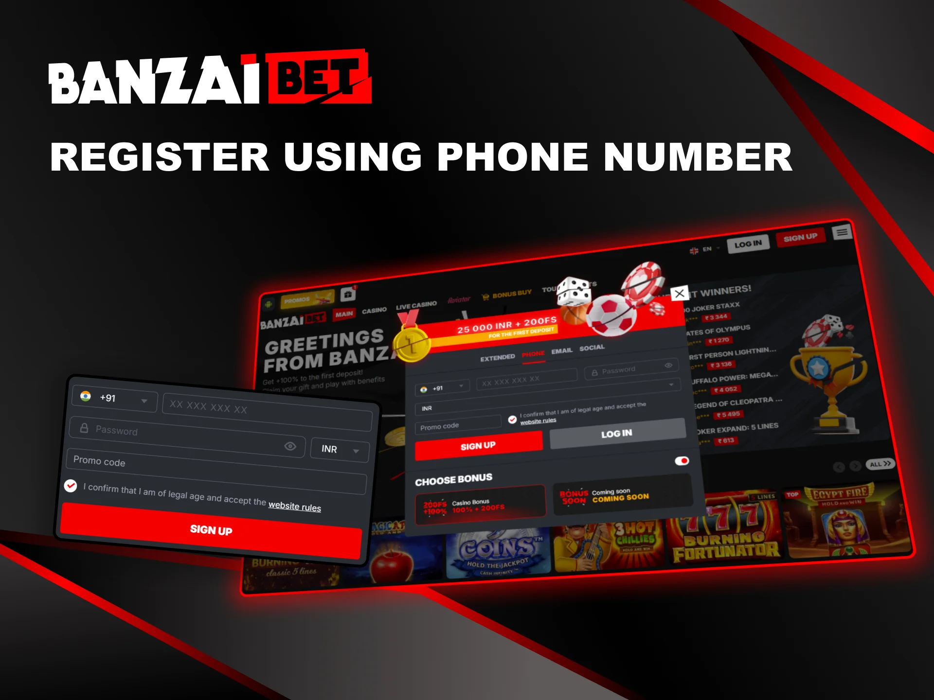 Create a new account on Banzai Bet with your phone number.