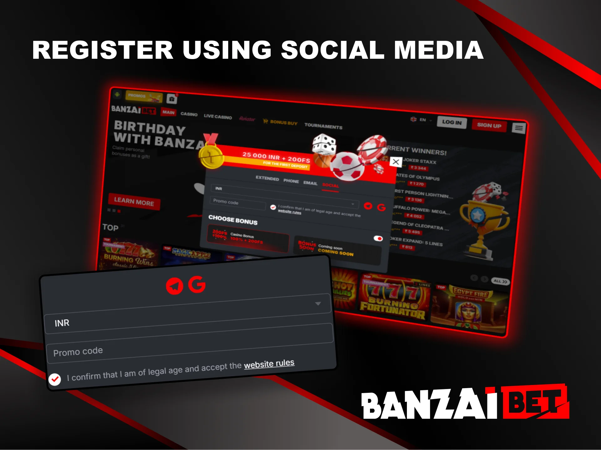 Employ social media profiles to sign up for Banzai Bet.