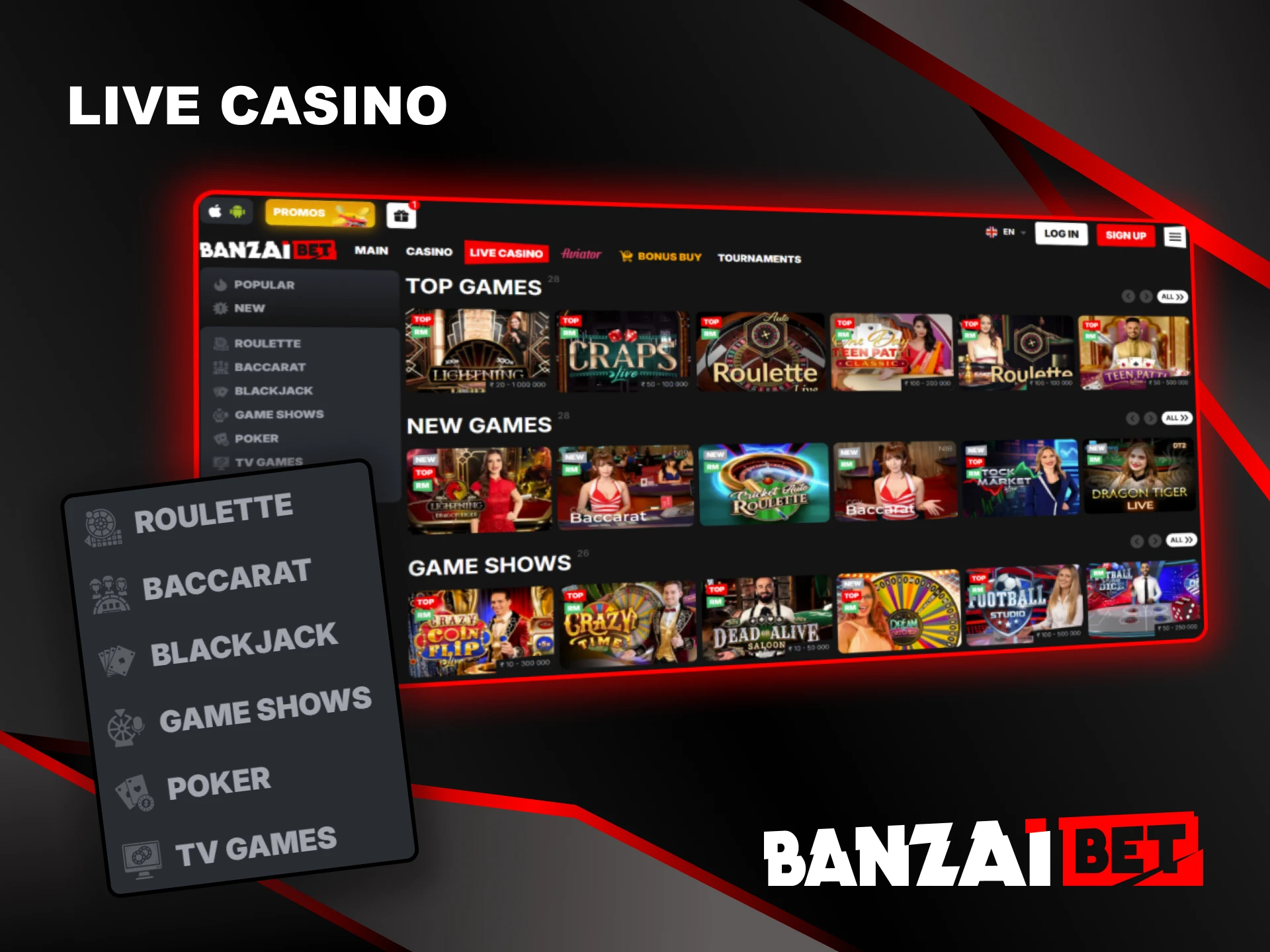 Experience the thrill of a real-life casino at Banzai Bet's Live Casino.