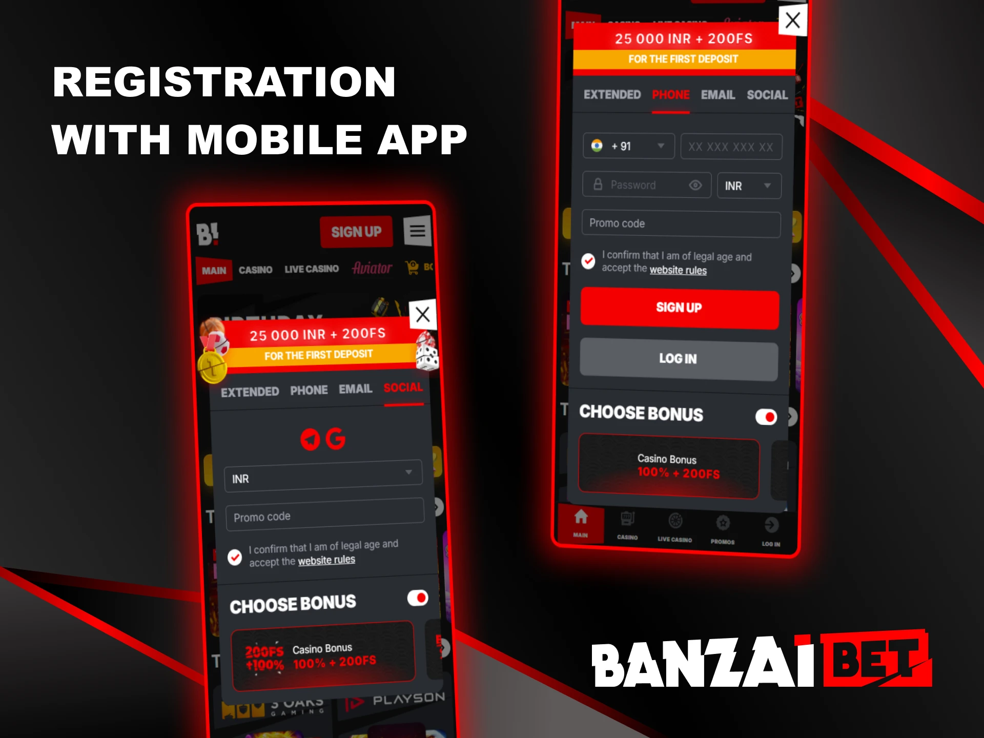 The process of signing up for Banzai Bet via the mobile app.